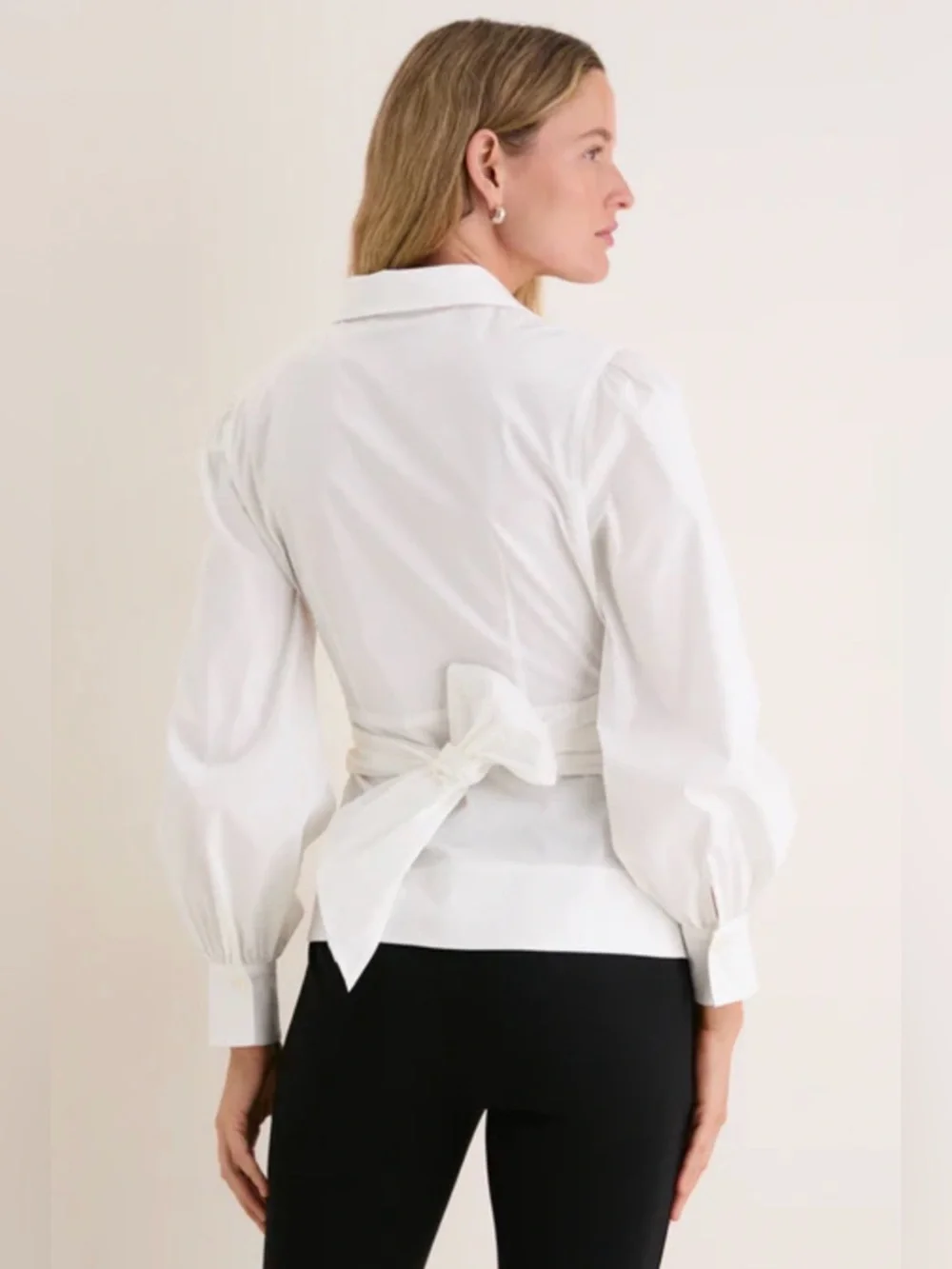 Tuckernuck Tie Front Bow Bea Blouse Wrap Waist Poplin Puff Sleeves- Women Size:M